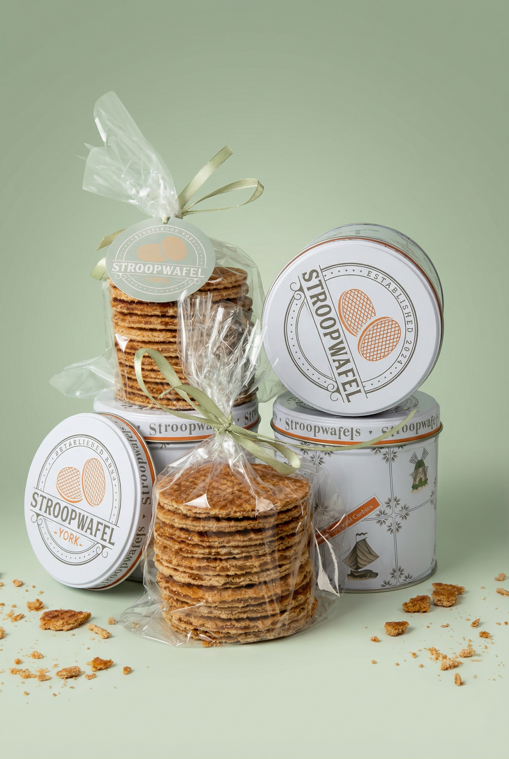 Stacks of stroopwafels in clear packaging with 'stroopwafel' tins on a light green background